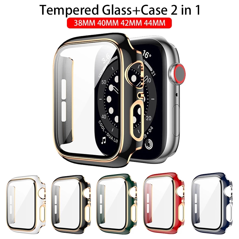 screen protector cover for Apple Watch 6 SE 5 4 3 2 PC bumper glass+case for iwatch 44mm 42mm 40mm 38mm frame Accessorie-image-680614426