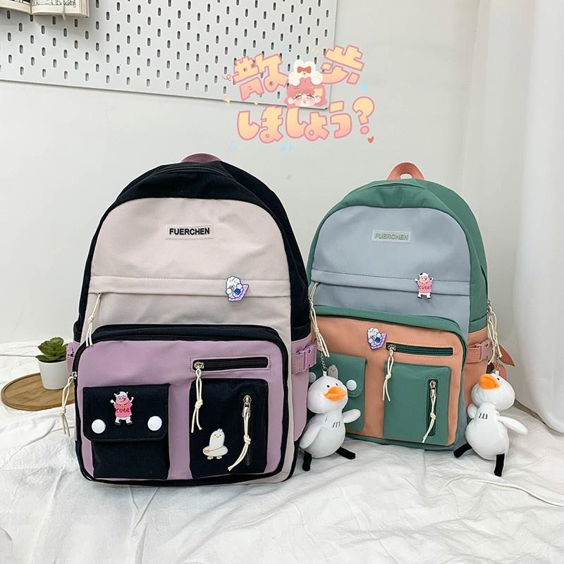 

School Bags Fashion Women's Backpack Contrast Color Cute Doll Pendant Bag For Girls Large-capacity With Many Pockets 2021, Pink