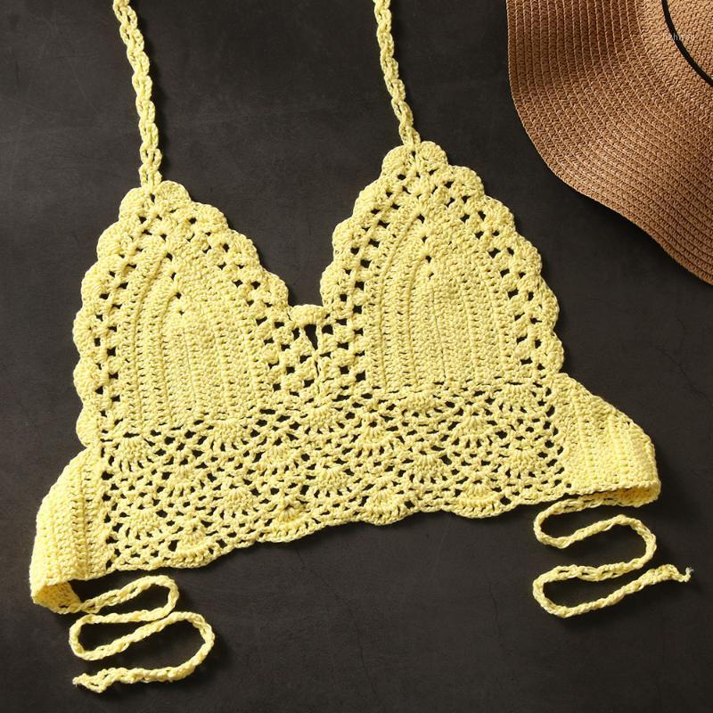 

Camisoles & Tanks 1PC Summer Sexy Women Bra Boho Beach Bikini Crop Tops Handmade Crochet Knitted Sleeveless Backless Belted Tank Lingerie, White