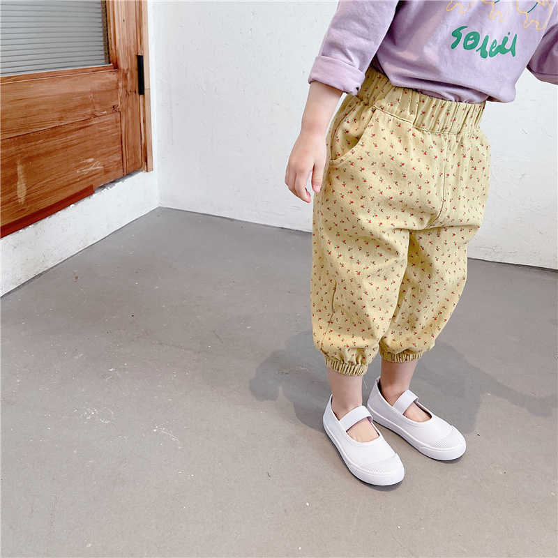 

Spring Plaid Floral Casual Pants For Girls Cotton Thin All-match Trousers Children 1-6Y 210615, Yellow