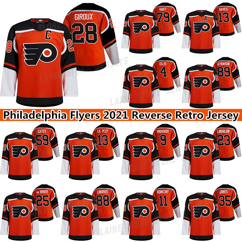 

Philadelphia Flyers Jersey 2021 Reverse Retro 28 Claude Giroux 79 Carter Hart 13 Kevin Hayes 4 Ryan Ellis 89 Cam Atkinson hockey Jerseys, Orange