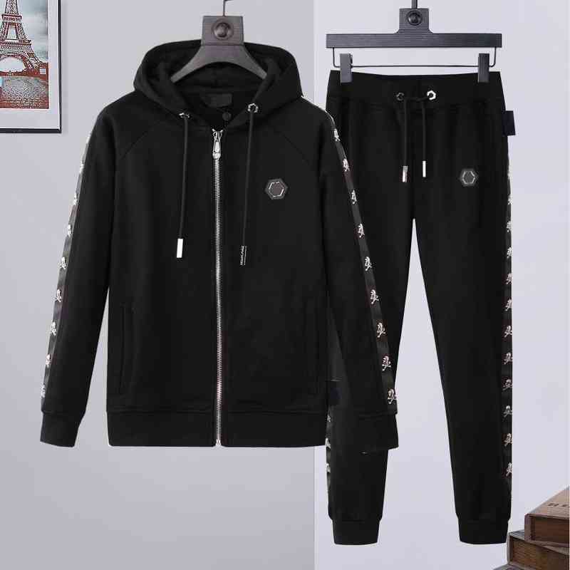 

Plein Top Brand Autumn and Winter Zipper Hot Rhinestone Skeleton Tide Brand PP Suit Men's Hooded Sports Casual Suit G1217, Coat