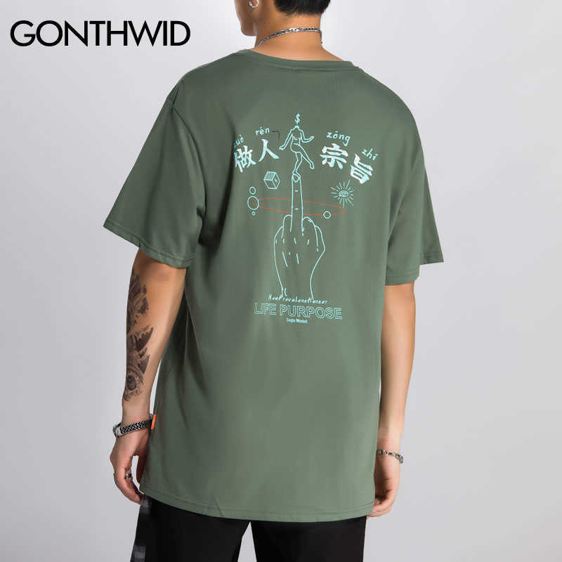 

GONTHWID Chinese Characters Middle Finger Print Streetwear Tshirts Hip Hop Hipster Casual Short Sleeve Punk Rock Tees Shirts Men 210629, Gray