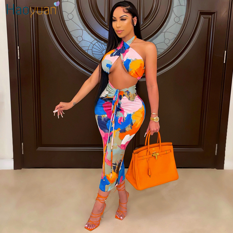 

HAOYUAN Sexy Two Piece Bodycon Midi Bandage Dress Summer Clothes for Women Birthday Outfits Backless Night Club Party Dresses, Blue orange