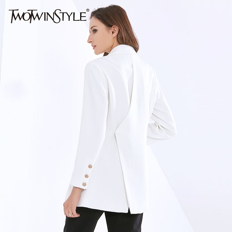 

White Blazer For Women Notched Long Sleeve Designer Back Split High Street Loose Coats Female Fashion Clothing 210524
