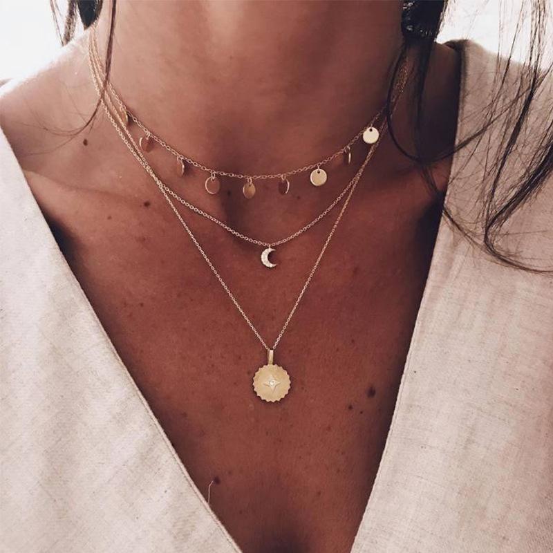 

Pendant Necklaces Bohemian Multi Layered Necklace For Women Vintage Metal Star Moon Lock Coin Chain Jewelry 2021 Gifts
