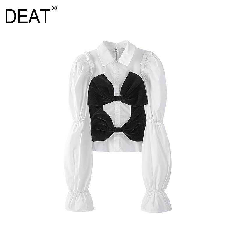 

[DEAT] Spring Personality Back Zipper Turn-down Collar Long Sleeve Bow Patchwork Single-breasted White Shirt 13C422 210527