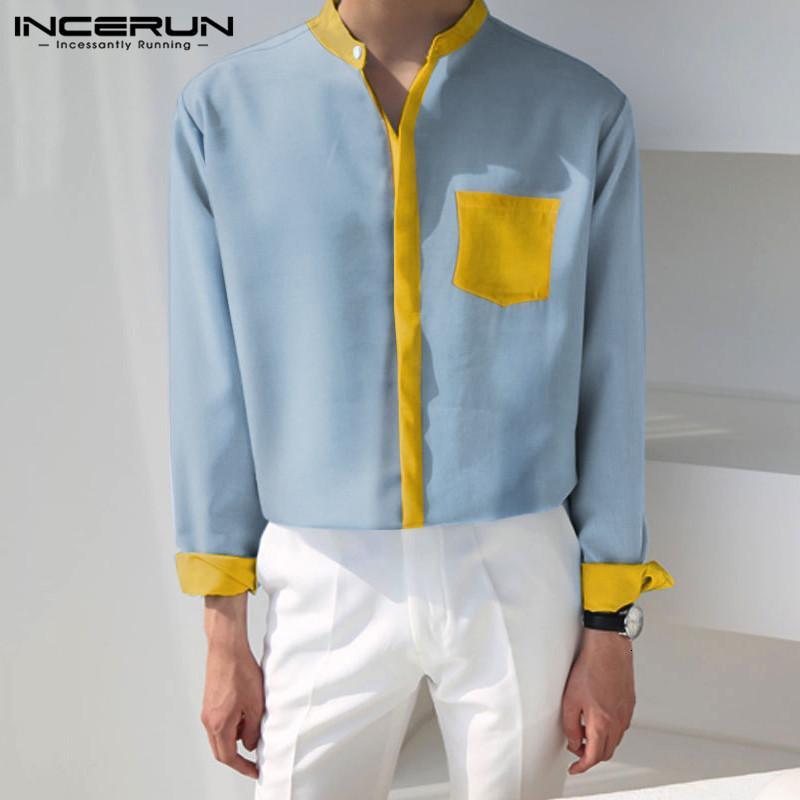 

Men's Casual Shirts INCERUN Men Casual Shirt Patchwork Stand Collar Long Sleeve Button Up Brand Shirts 2021 Fashion Loose Streetw, Beige