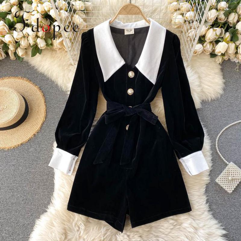 

Rompers Womens Jumpsuit Spring Fashion Outwear Color Matching Retro Velvet Long Sleeve High Wiast Sexy Wide Leg Women Women's Jumpsuits &, Black;white