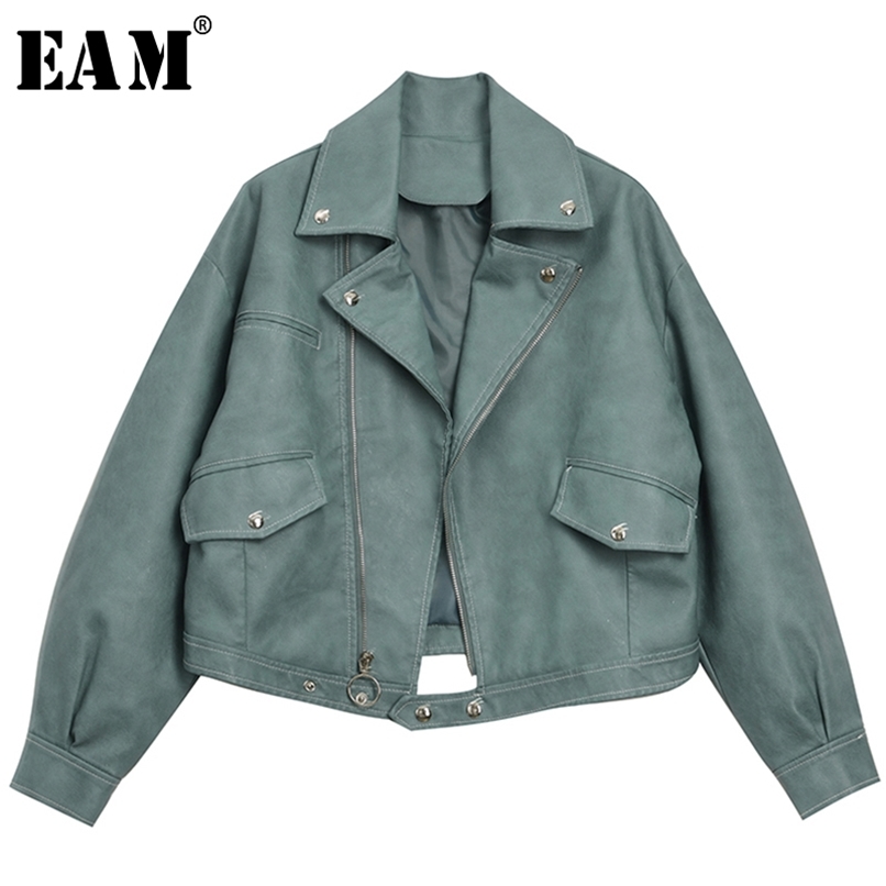 

[EAM] Loose Fit Green Pu Leather Split Joint Short Jacket Lapel Long Sleeve Women Coat Fashion Spring 1Y643 211109, Gray green
