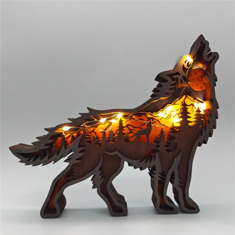 

Decorative Objects & Figurines Christmas Decoration Wooden Hollowed Small Wolf LED Light Cute Desktop Ornaments Home Decor Accessories