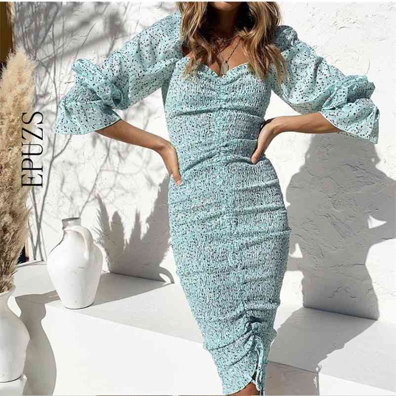 

Vintage boho Hips Dot Print Long sleeve Dress women Elegant Ruched dress Sexy Lace up Elastic Midi Party Dresses Vestidos 210521, Light green