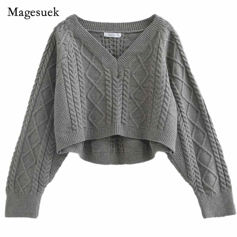 

Korean Style Loose V-neck Pullover Short Sweater Women Winter Twist Bat Sleeve Knitted Jumper Solid Lazy Sweaters 11644 210518, Dark brown