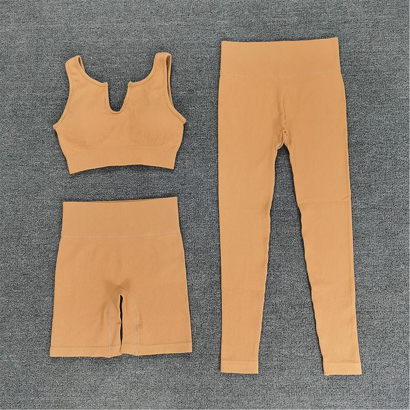 

Yoga Outfit U Collar Seamless Sport Set Women 3pcs Crop Top Bra+Short+ High Waist Leggings Sportsuit Workout Fitness Gym Clothes, U light brown set