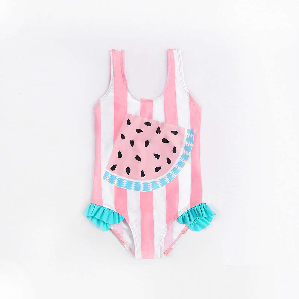 

Children's suit children's cartoon one piece bikini watermelon print ear edge swimsuit cute, Black