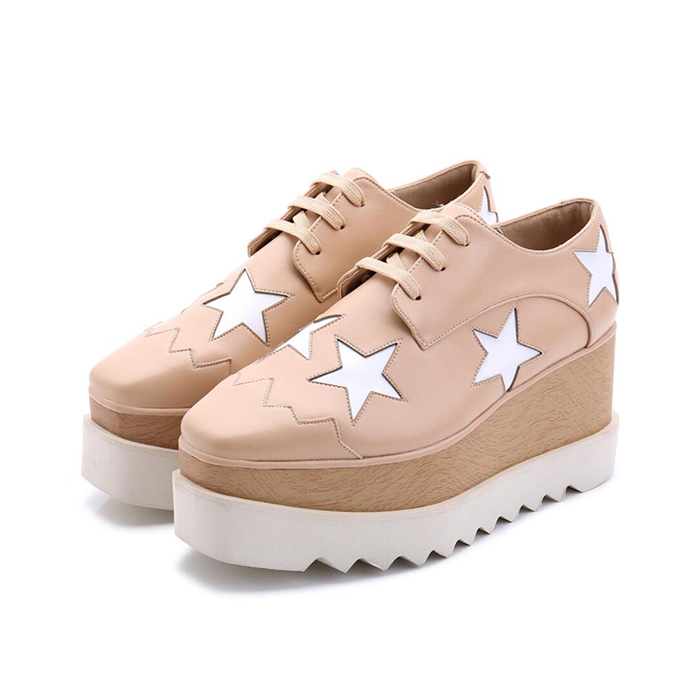 

Top Quality Leather Stars Ladies Stella Platform Shoes Women Casual Loafers Cross-tied Lace-up Height Increasing High Wedges Square Toe Thick Bottom Chunky Shoe, Red with blue star