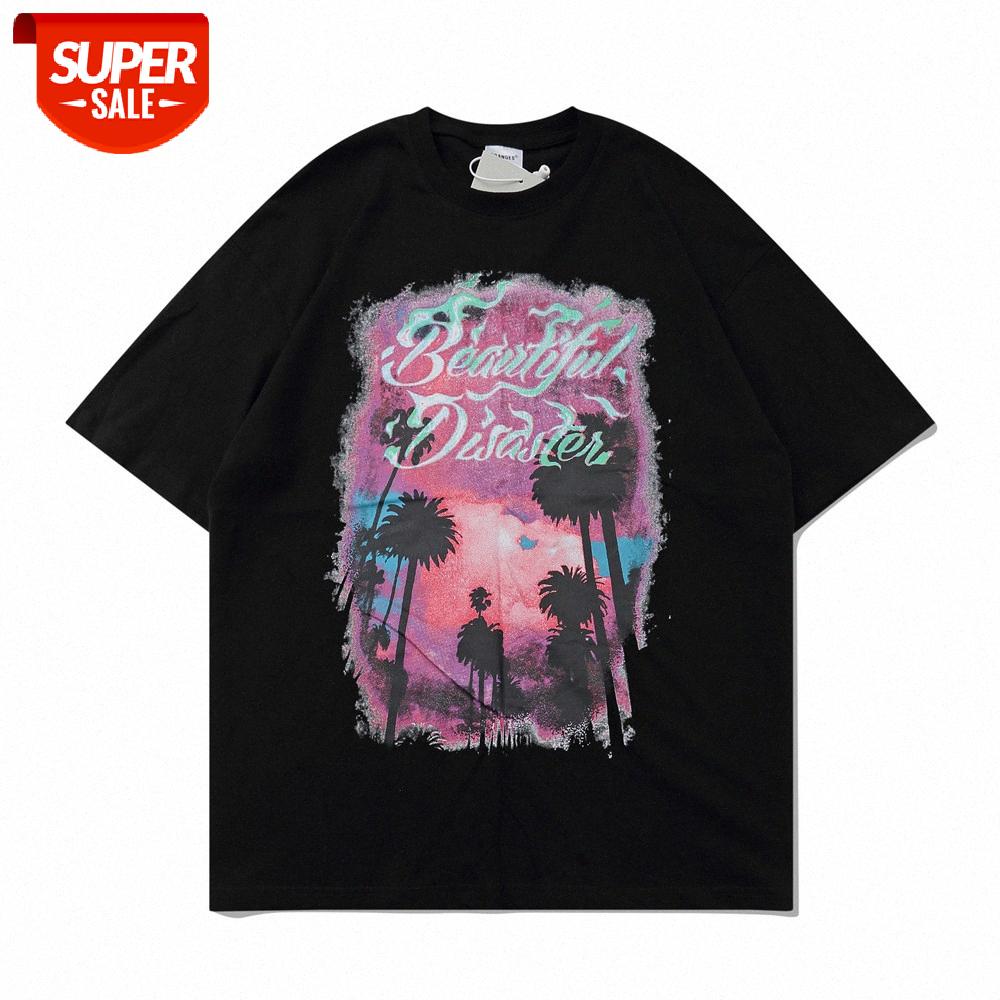 

American seaside landscape print short-sleeved t-shirt men's street loose round neck five-point sleeve #1715, White;black