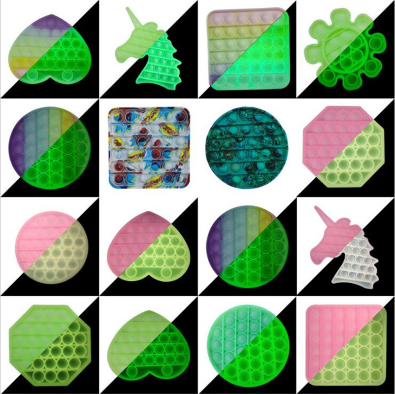 

Luminous Fidget Bubble Poppers Board Push Pop It Sensory Toys Glow IN Dark Poo its Flower Unicorn Round Square Party Favor