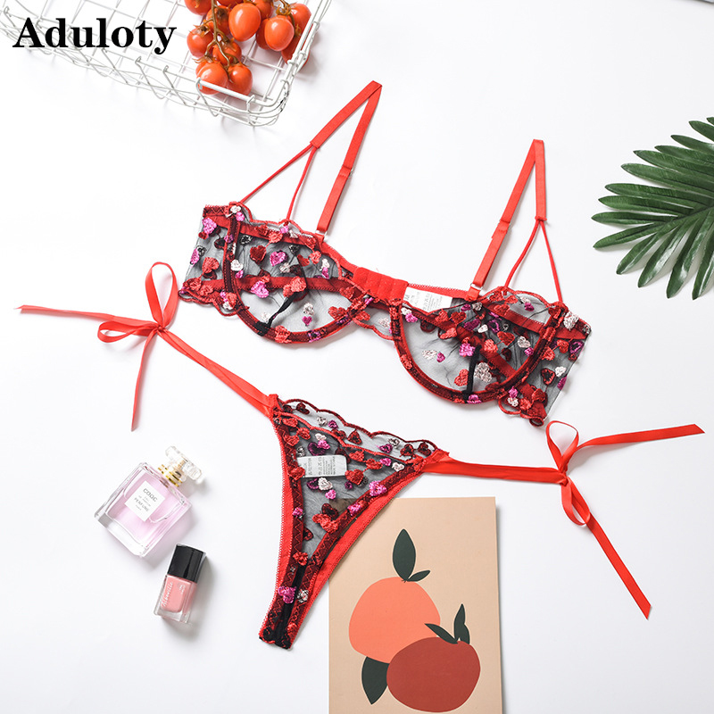 

Aduloty Hot New Womens Underwear Set Lace Sexy Red Heart Pattern Erotic Lingerie Mesh See-through Seductive Bra Thong Set