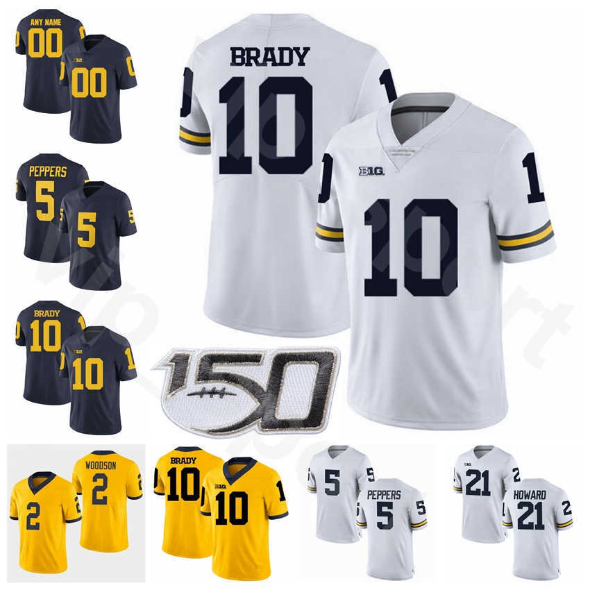 

Michigan Wolverines Big Ten Football NCAA College 5 Jabrill Peppers Jersey 10 Tom Brady 2 Charles Woodson 21 Desmond Howard LaMarr Woodley, With 150th patch