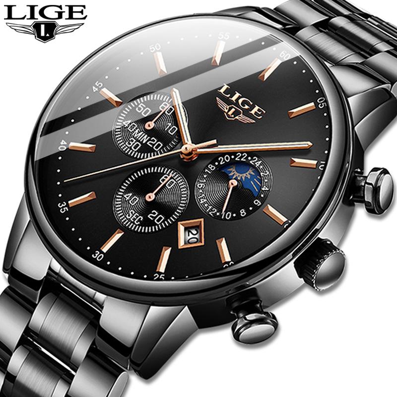 

Wristwatches 2021 LIGE Business Men Watch Stainless Steel Wrist Chronograph Army Military Quartz Watches Relogio Masculino, Slivery;brown