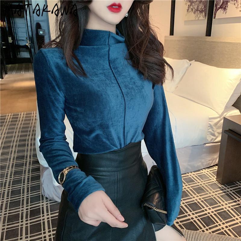 

Women's T-Shirt Matakawa T-shirts Autumn Winter Half High Collar Velet Inside Long Sleeve Woman Tshirt Thicken Elegant All-match Slim T Shir, Blue