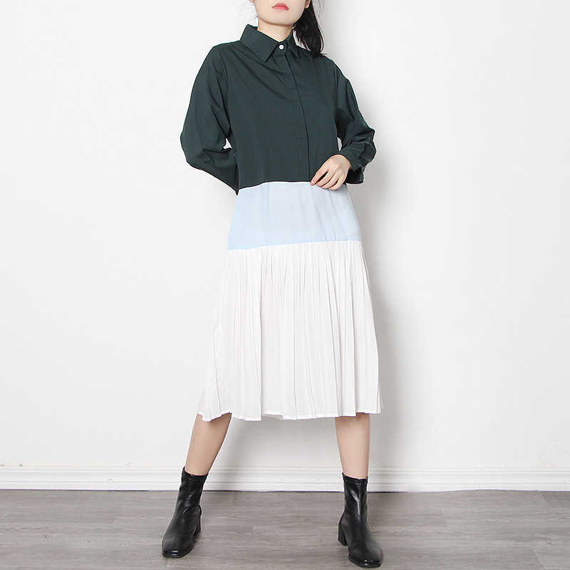 

Spring Long Sleeve Casual Women Dresses Patchwork Loose Preppy Style Turn-down Collar Femme Robe Japanese Vestidos 13A183 210525, Green