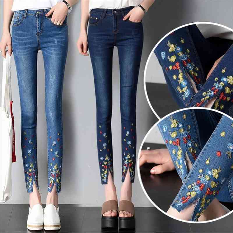 

Embroidery Jeans Female Summer Style Fashion Embroidery Was Thin Stretch Ankle-length Pants Elasticity Small Jeans Women, Blue