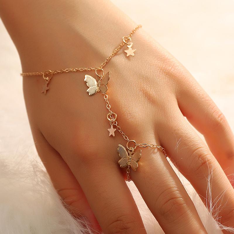 

Charm Bracelets Design Gold Color Star Butterfly Bracelet For Women Fashion Connected Finger On Hand Female Ring Boho Jewelry Gift