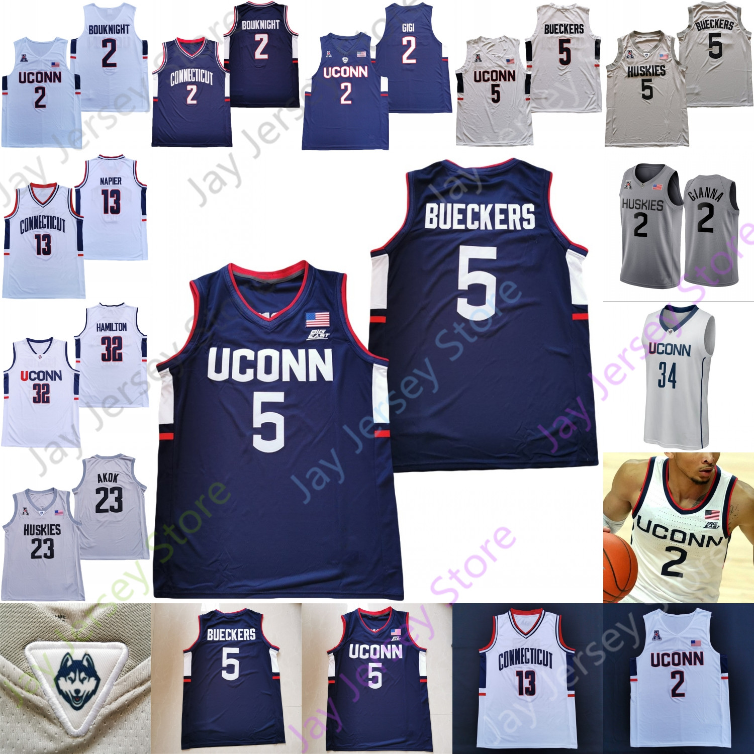 

Connecticut UConn Huskies Basketball Jersey NCAA College Paige Bueckers Tyler Polley Andre Jackson Adama Sanogo Jalen Gaffney R.J. Cole Tyrese Martin Akok, White 2019