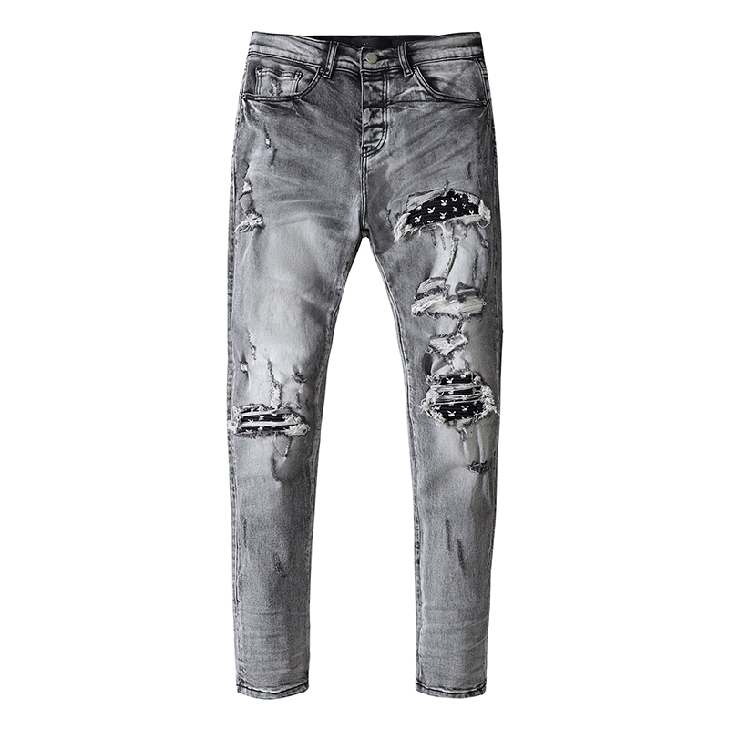 

Mens jeans, holes, rabbits, printing, washing, old grey, Europe and America, Gray