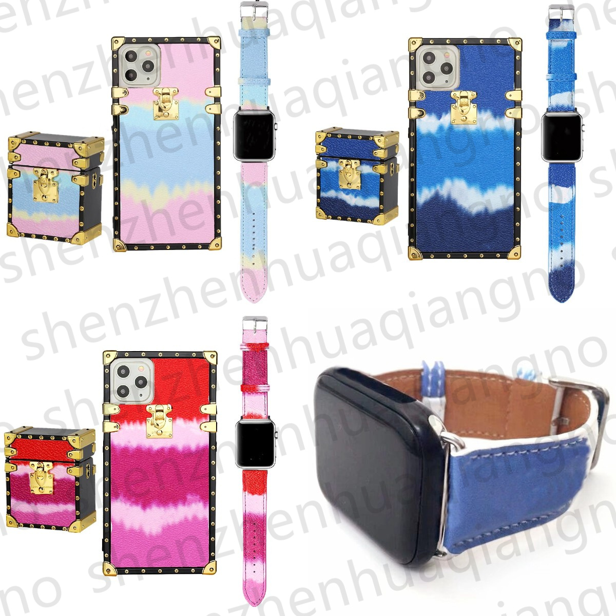 

Luxury 3-piece Set Phone cases Watch bands Earphone Protector Leather Suit For iPhone 13 12 Pro Max 11 11Pro X XS XR XSMAX AirPods Case iWatch Strap 7 38/41/45/44MM Women Men, 3#airpods+logo