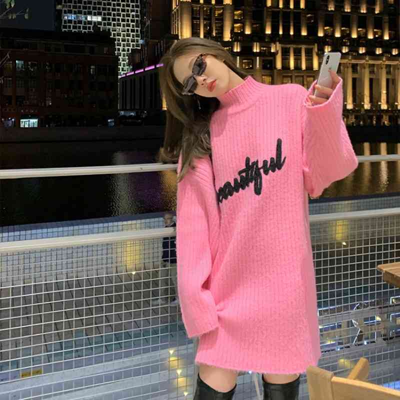 Casual Dresses French Retro Pink Letters Girl Heart Sweater Embroidery Pullover Autumn and Winter Knitted Dress Women CLV8-image-702402864