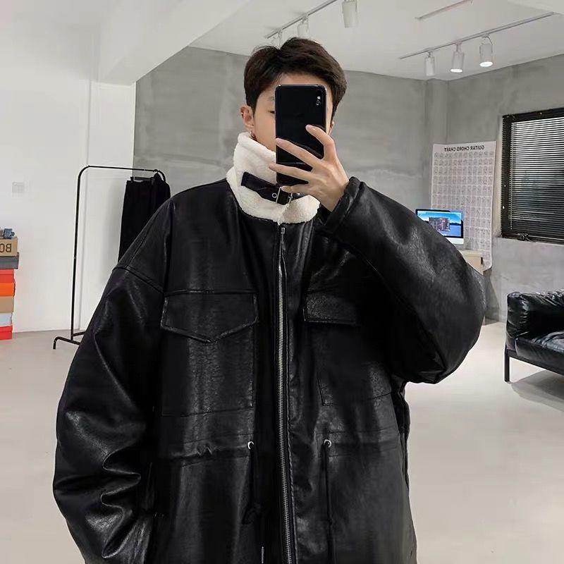 

Men's Jackets Fleece Cardigan Leather Jacket Men Winter Black Students Zipper Coats Harajuku Plus Velvet Thick Handsome Wild Man Clothes, Black;brown
