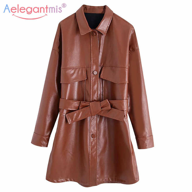 

Aelegantmis Long Faux Leather Jacket Women with Belt Korea Loose Casual Vintage PU Female Motorcycle Outwear Fashion 210607, Khaki