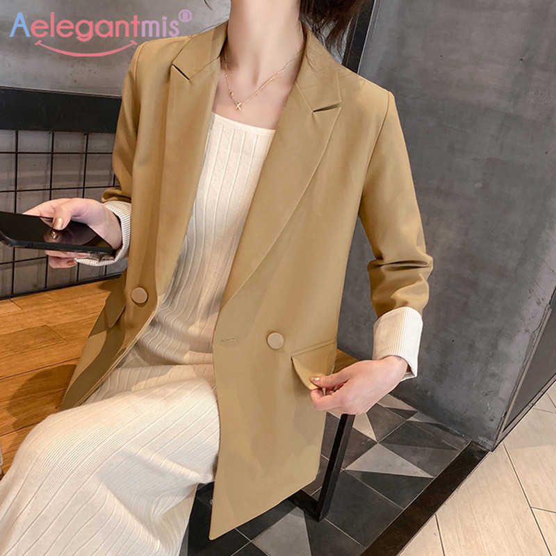 

Aelegantmis Stylish Loose Casual Blazer Women Autumn Long Sleeve Blazers Jacket Office Lady Work Suit Coat Ladies Basic Outwear 210607, Khaki