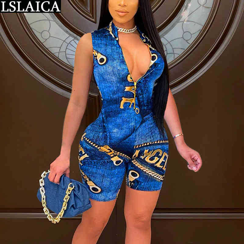 

Summer Jumpsuit Short Sleeve Zipper Decorated Imitation Denim Fabric Overalls Chain Print Casual Streetwear Ladies Rompers 210520, Blue