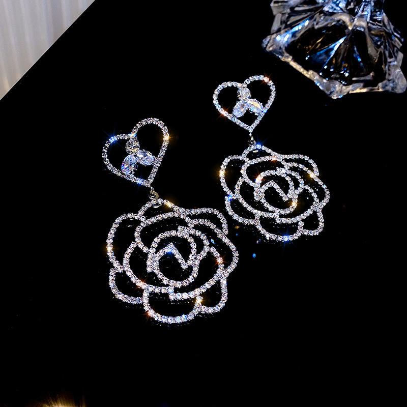 

Dangle & Chandelier Hollow Rose Rhinestone Drop Earrings For Women Oversize Flower Crystal Weddings Jewelry