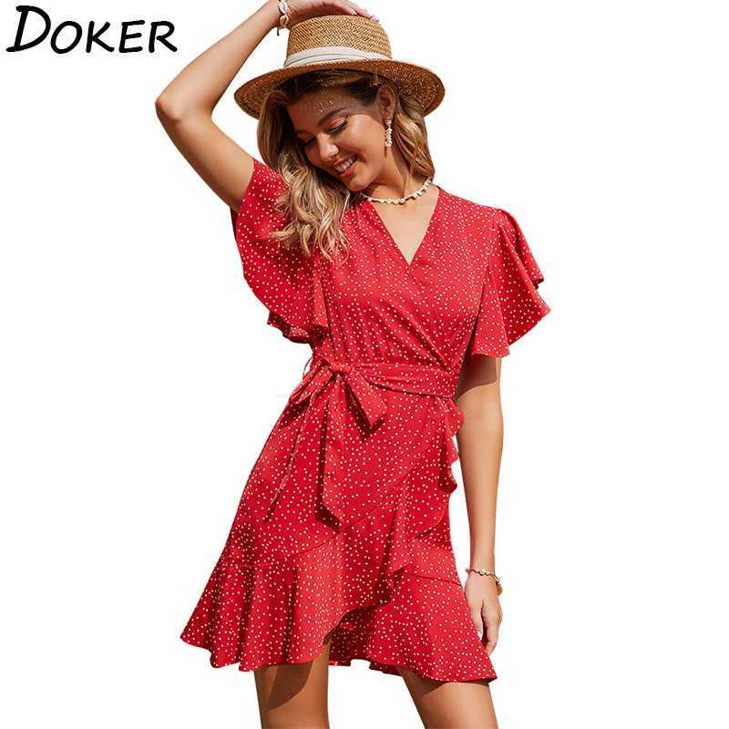 

Polka Dot Red Dres V Neck Short Sleeve Plus Size Fashion Ruffle Mini Casual Boho Beach Floral Chiffon Summer 210604, Green-8110