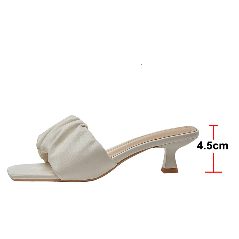 

dress shoes meotina slippers women pleated med heel sandals square toe thick lady footwear summer white khaki fashion size 34-43 7, Black