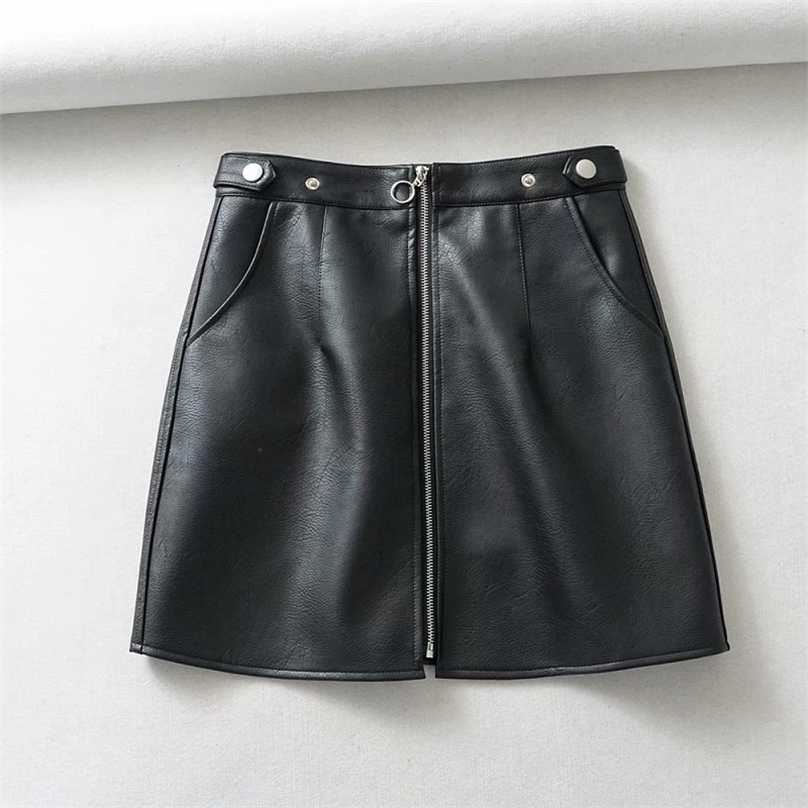 

toppies black faux leather mini skirts front zipper high waist Korean style streetwear winter clothes 211109, Brown