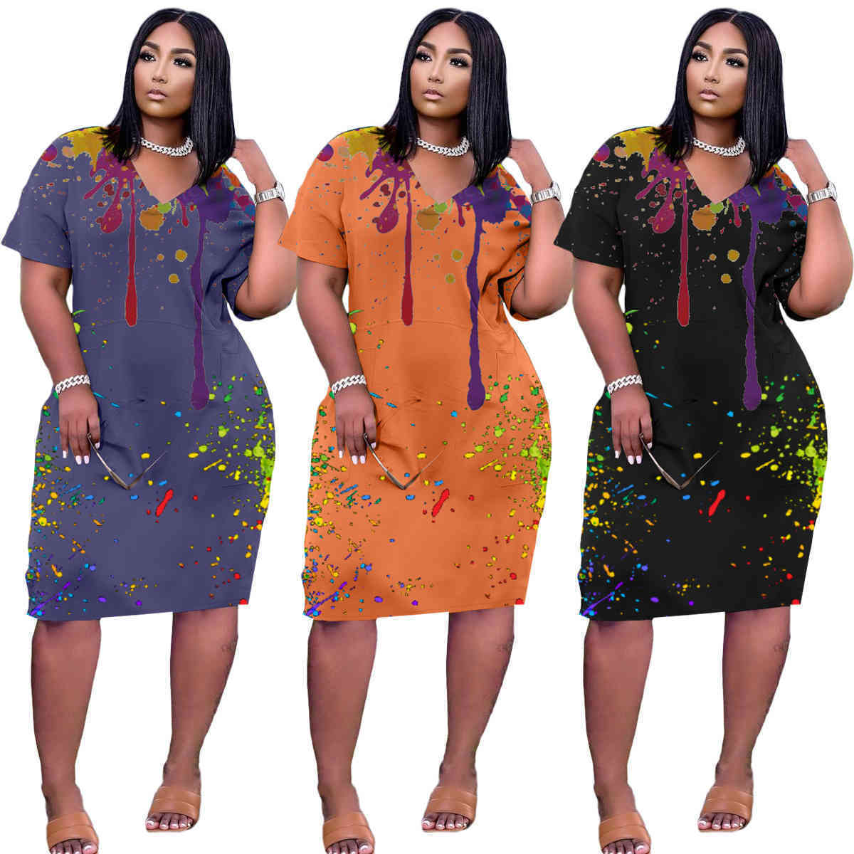 

Women Designers Dress 2021 Urban Loose Ink Splashing V-neck Casual With Pocket Plus Size Clothing