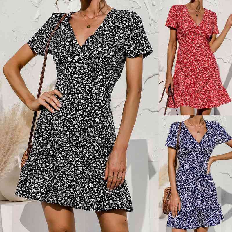 

summer dress women boho beach dresses casual short sleeve v neck floral print vintage dress female elegant robe vestido, Black;gray