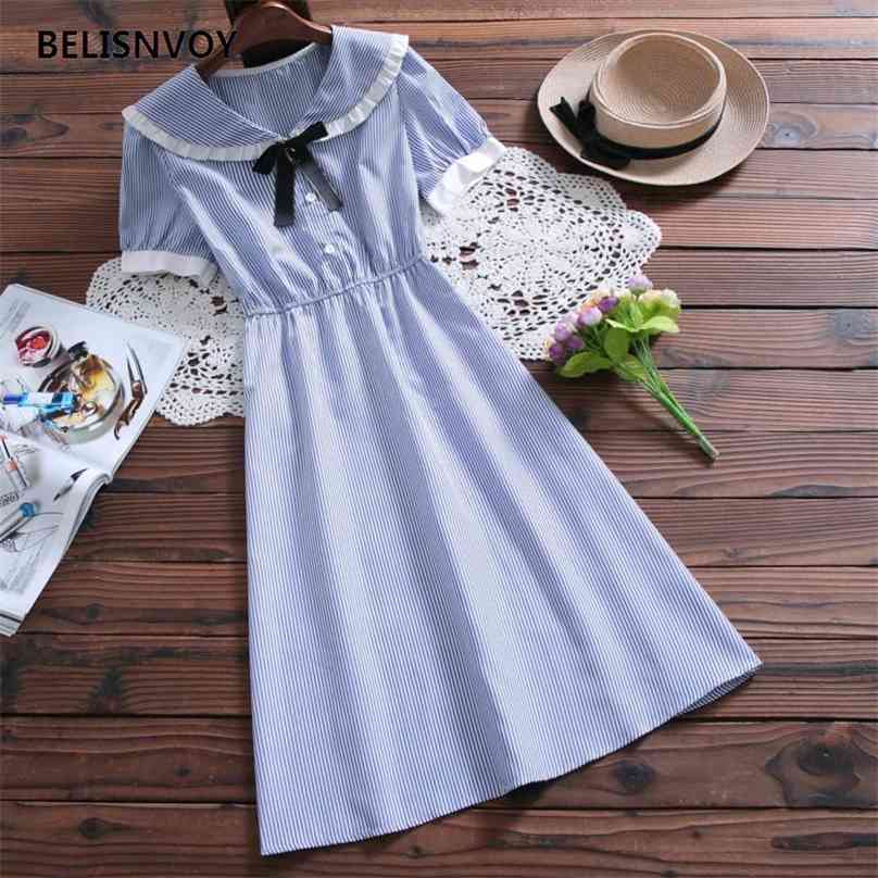 

Japanese Preppy Style Summer Vintage Striped Dress Mori Girl Short Sleeve Women Peter Pan Collar Kawaii Student Clothing 210520, Lavender
