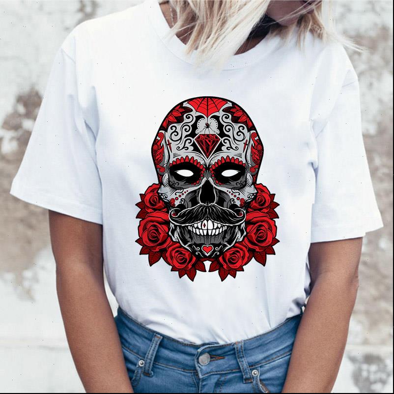 

funny womens t shirt short sleeve women floral skull printed harajuku aesthetic clothes vogue o neck tee femme, White