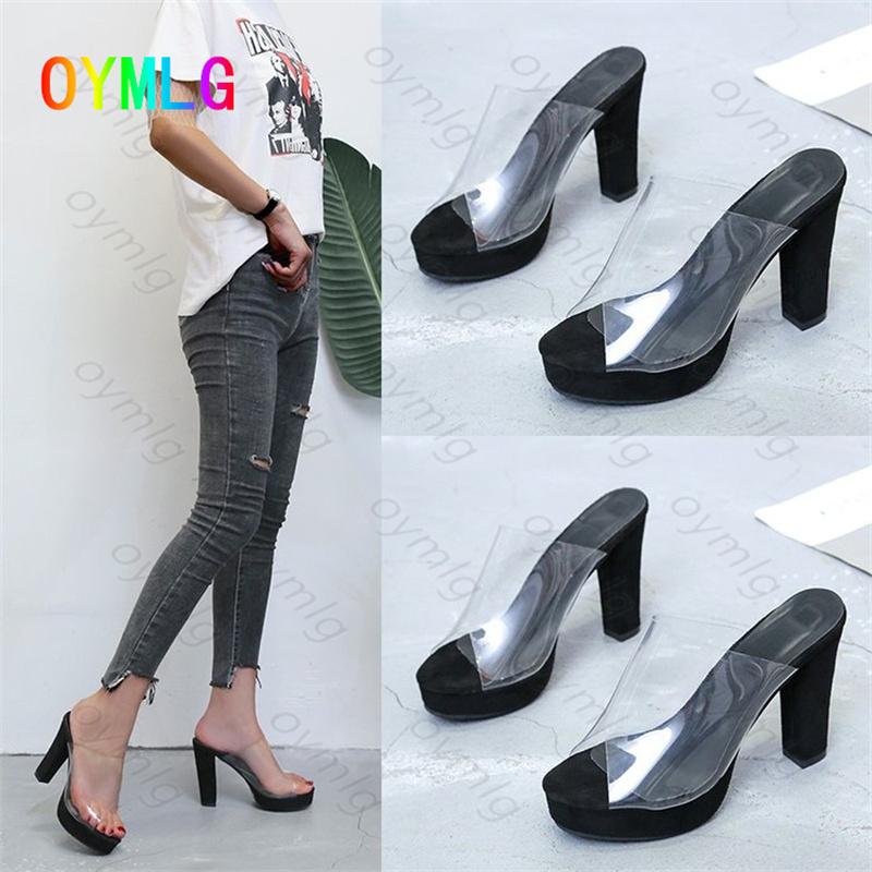 

Dress Shoes 2021 Summer Korean Version Of Transparent Sandals Slippers Women's Thick With All-match Fashion High-heeled Women Plus Size, Black