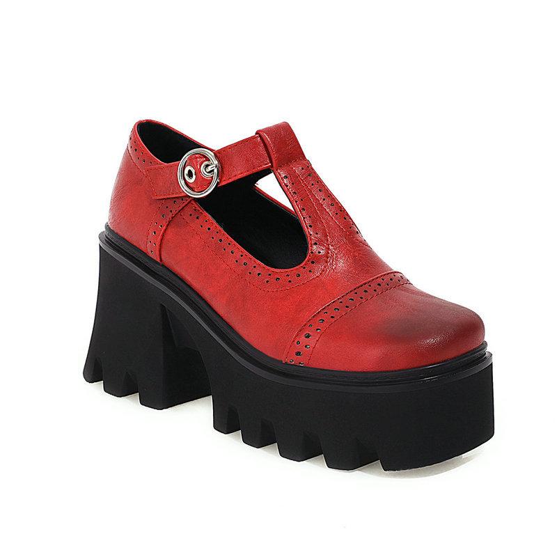 

Dress Shoes 2021 Wing Tip British Women T Tied Thick Platform Chunky High Heels Pumps Punk Gothic Creepers Japanese Harajuku 35-43, Black