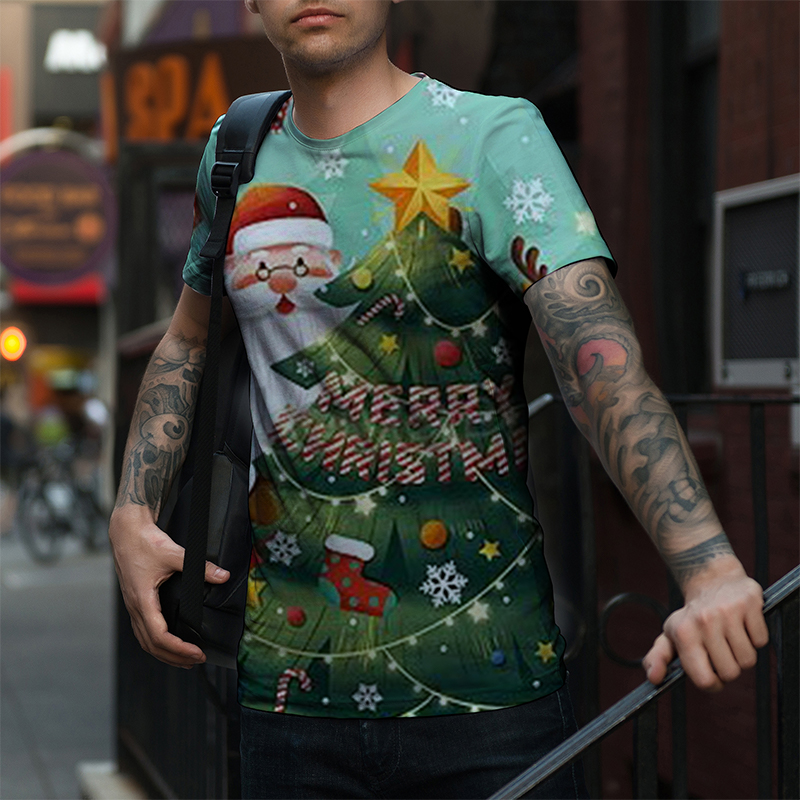 

Lazy wind wild men's new print Christmas tree Western style short-sleeved casual breathable street shooting party travel vacation, White;black