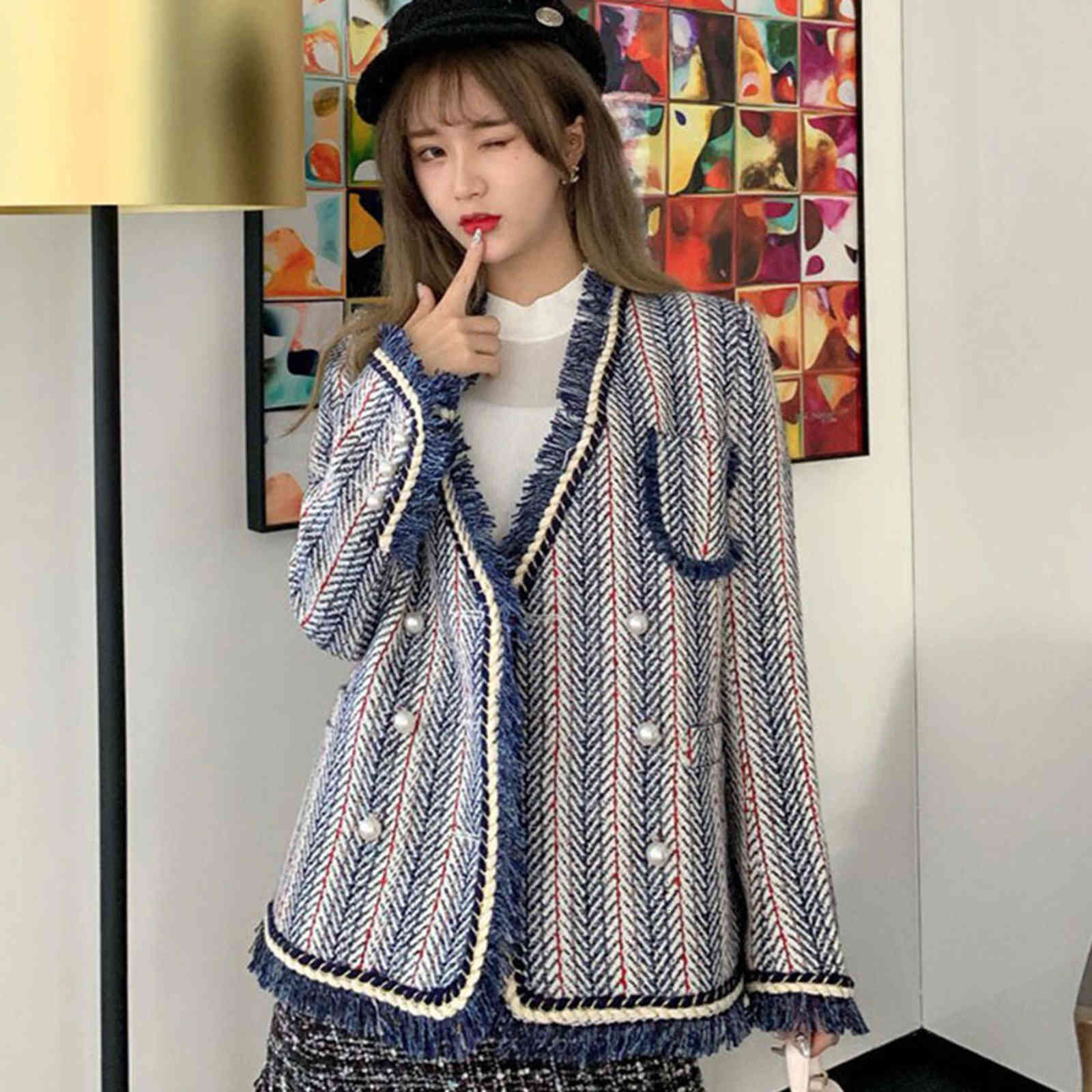 

Women' Jackets Feminino novo outono inverno coreano solto retro listrado curto miçangas tweed casaco feminino elegante e suave pequena jaqueta fragrância 4PBX, 1# shoe box