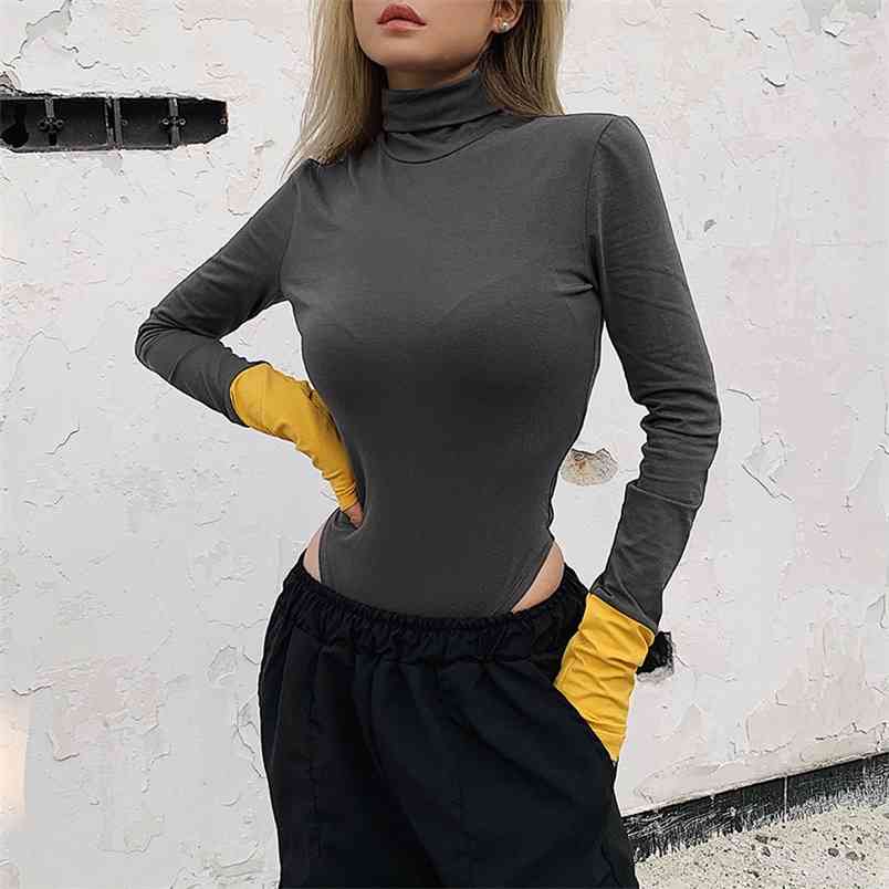 

OMSJ Body Long Sleeve Top Parchwork Turtleneck Bodysuit Women Autumn Winter Contrast Color Bodycon Outfits 210517, Beige